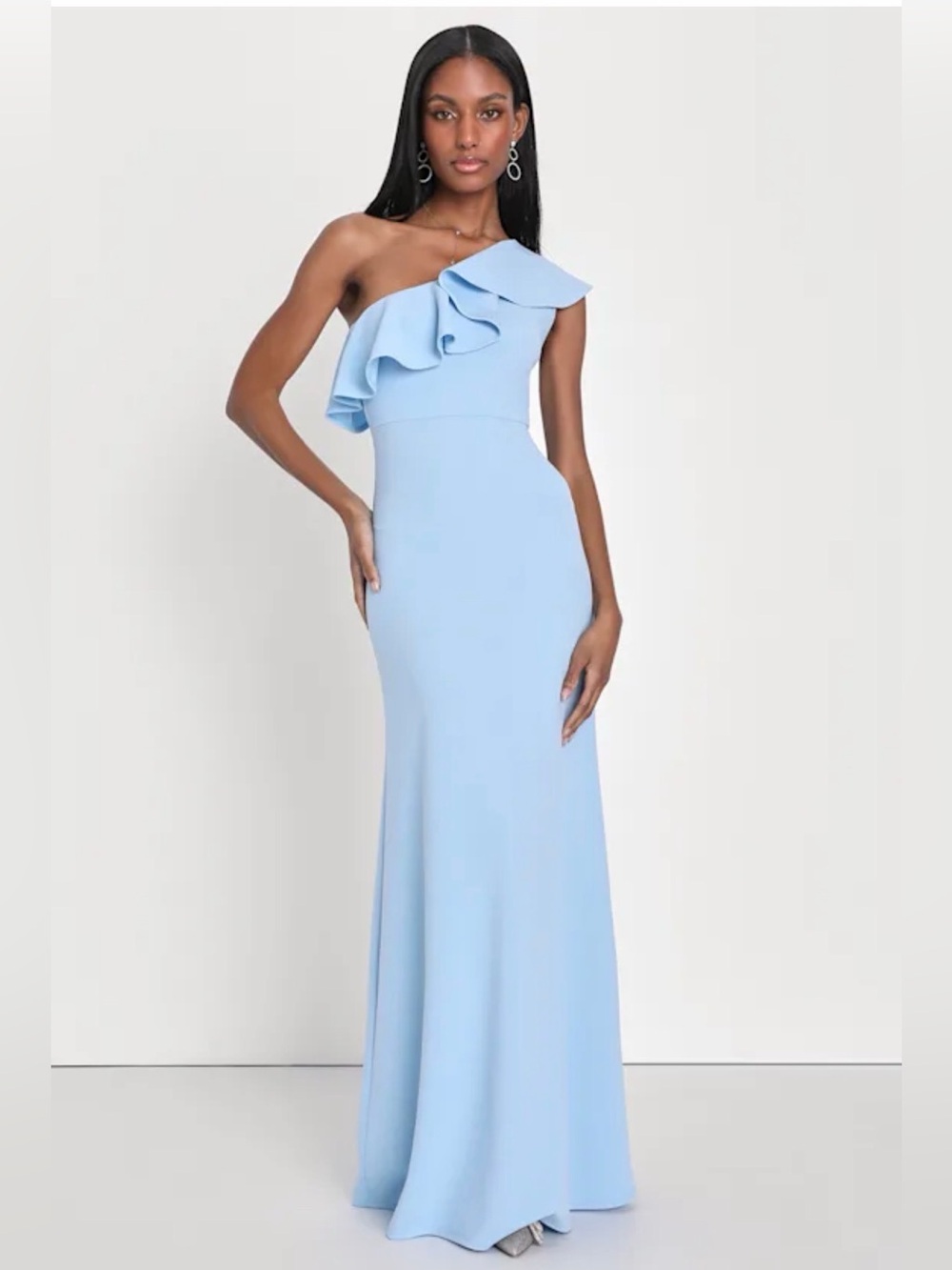 Lulus Last Forever Powder Blue One-Shoulder Ruffle Maxi Dress